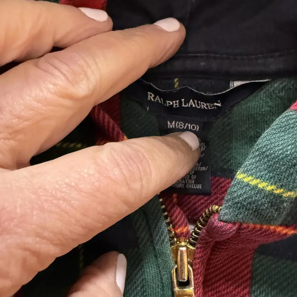 RALPH LAUREN Boys M (8/10) Tartan Full‎ Zip Hoodie Gold Logo Preppy Quiet Luxury